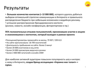Результаты большое количество контактов  (> 12 000 000) , которого удалось добиться  выбором оптимальной стратегии коммуникации в Интернете и правильного  распределения бюджета при небольших вложениях в медийную рекламу.  успешное распространение брендированного контента  (ролики, новости, онлайн-конфернеции, фоторепортажи и пр.)  95% положительных отзывов пользователей, принимавших участие в акциях и знакомившихся с контентом, который выходил в рамках проекта Посещения / просмотры промосайта за месяц: 79 907  /  299 613 На сайте проголосовало :  18 799 посетителей Длительность пребывания на сайте: более 3 минут Более 20 000 участников в соц.сетях Более  2 4 000 просмотров вирусного ролика Более 2 000 000 читателей в онлайн-СМИ Для наиболее активной аудитории повысили популярность шоу и интерес  к нему в Интернете , создав бренд-ассоциацию «Украина ма є  талант» =  Lipton. 