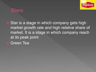  Star is a stage in which company gets high
market growth rate and high relative share of
market. It is a stage in which company reach
at its peak point
 Green Tea
 
