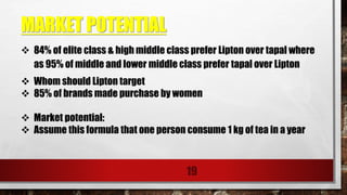 MARKET POTENTIAL
19
 84% of elite class & high middle class prefer Lipton over tapal where
as 95% of middle and lower middle class prefer tapal over Lipton
 Whom should Lipton target
 85% of brands made purchase by women
 Market potential:
 Assume this formula that one person consume 1 kg of tea in a year
 