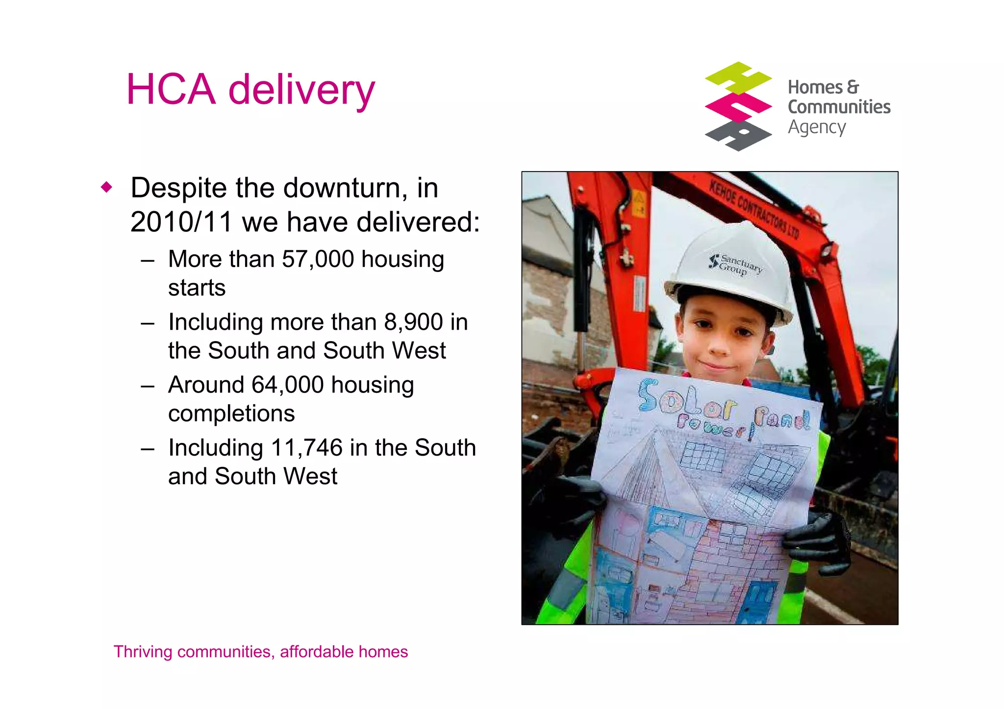HCA delivery

  Despite the downturn, in
  2010/11 we have delivered:
   – More than 57,000 housing
     starts
   – Including more than 8,900 in
     the South and South West
   – Around 64,000 housing
     completions
   – Including 11,746 in the South
     and South West




Thriving communities, affordable homes
 
