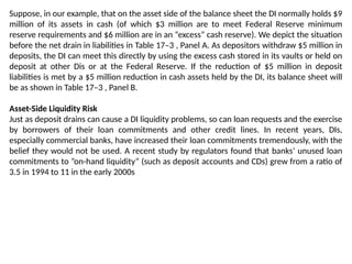 Suppose, in our example, that on the asset side of the balance sheet the DI normally holds $9
million of its assets in cash (of which $3 million are to meet Federal Reserve minimum
reserve requirements and $6 million are in an “excess” cash reserve). We depict the situation
before the net drain in liabilities in Table 17–3 , Panel A. As depositors withdraw $5 million in
deposits, the DI can meet this directly by using the excess cash stored in its vaults or held on
deposit at other Dis or at the Federal Reserve. If the reduction of $5 million in deposit
liabilities is met by a $5 million reduction in cash assets held by the DI, its balance sheet will
be as shown in Table 17–3 , Panel B.
Asset-Side Liquidity Risk
Just as deposit drains can cause a DI liquidity problems, so can loan requests and the exercise
by borrowers of their loan commitments and other credit lines. In recent years, DIs,
especially commercial banks, have increased their loan commitments tremendously, with the
belief they would not be used. A recent study by regulators found that banks’ unused loan
commitments to ”on-hand liquidity” (such as deposit accounts and CDs) grew from a ratio of
3.5 in 1994 to 11 in the early 2000s
 