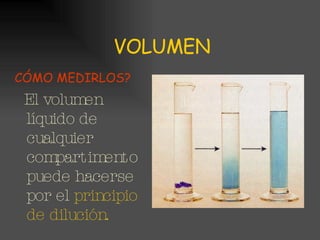 VOLUMEN CÓMO MEDIRLOS? El volumen líquido de cualquier compartimento puede hacerse por el  principio de dilución. 