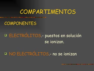 COMPARTIMENTOS COMPONENTES ELECTRÓLITOS .- puestos en solución  se ionizan. NO ELECTRÓLITOS .- no se ionizan 