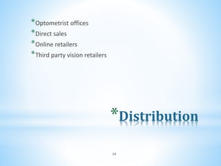 *Distribution
*Optometrist offices
*Direct sales
*Online retailers
*Third party vision retailers
14
 