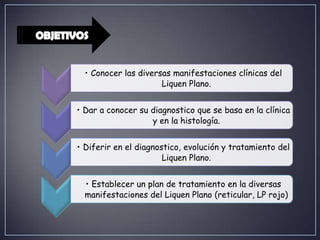 • Conocer las diversas manifestaciones clínicas del
                      Liquen Plano.


• Dar a conocer su diagnostico que se basa en la clínica
                   y en la histología.


• Diferir en el diagnostico, evolución y tratamiento del
                       Liquen Plano.


  • Establecer un plan de tratamiento en la diversas
  manifestaciones del Liquen Plano (reticular, LP rojo)
 