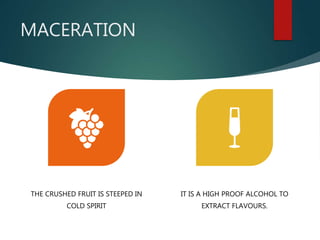 MACERATION
THE CRUSHED FRUIT IS STEEPED IN
COLD SPIRIT
IT IS A HIGH PROOF ALCOHOL TO
EXTRACT FLAVOURS.
 