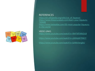 REFERENCES
https://en.wikipedia.org/wiki/List_of_liqueurs
https://www.thespruceeats.com/learn-your-liqueurs-
760688
https://www.tasteatlas.com/50-most-popular-liqueurs-
in-the-world
VIEDO LINKS
https://www.youtube.com/watch?v=RM76f5WbDc8
https://www.youtube.com/watch?v=yMAsb67D6CY
https://www.youtube.com/watch?v=IztWsVergbU
 