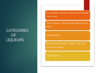 CATEGORIES
OF
LIQUEURS
Fruit liqueurs- Flavored with any fruit except
citrus fruits
Citrus liqueurs- Flavored with peels of citrus
fruits
Herb Liqueurs
Bean & Kernel liqueurs- Beans, nuts and
Kernels are used.
Cream liqueurs
 