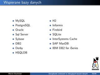 Wspierane bazy danych
MySQL
PostgreSQL
Oracle
Sql Server
Sybase
DB2
Derby
HSQLDB
H2
Informix
Firebird
SQLite
InterSystems ...