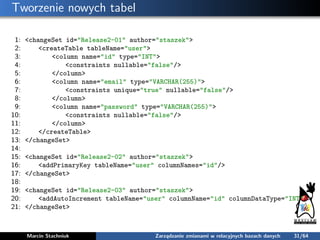 Tworzenie nowych tabel
1: <changeSet id="Release2-01" author="staszek">
2: <createTable tableName="user">
3: <column name=...