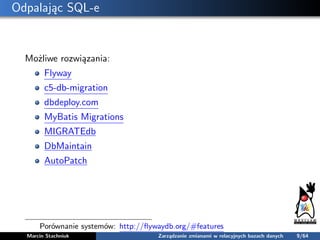 Odpalając SQL-e
Możliwe rozwiązania:
Flyway
c5-db-migration
dbdeploy.com
MyBatis Migrations
MIGRATEdb
DbMaintain
AutoPatch...