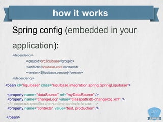 how it works
Spring config (embedded in your
application):
<dependency>
<groupId>org.liquibase</groupId>
<artifactId>liquibase-core</artifactId>
<version>${liquibase.version}</version>
</dependency>
<bean id="liquibase" class="liquibase.integration.spring.SpringLiquibase">
<property name="dataSource" ref="myDataSource" />
<property name="changeLog" value="classpath:db-changelog.xml" />
<!-- contexts specifies the runtime contexts to use. -->
<property name="contexts" value="test, production" />
</bean>
 