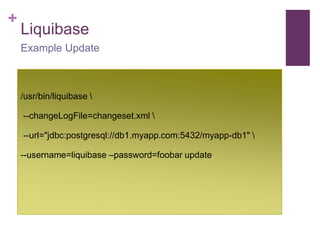 + 
Liquibase 
Example Update 
/usr/bin/liquibase  
--changeLogFile=changeset.xml  
--url="jdbc:postgresql://db1.myapp.com:5432/myapp-db1"  
--username=liquibase –password=foobar update 
 
