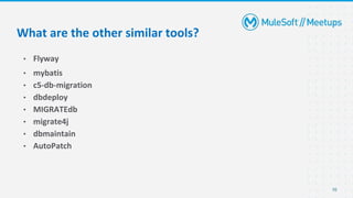 10
• Flyway
• mybatis
• c5-db-migration
• dbdeploy
• MIGRATEdb
• migrate4j
• dbmaintain
• AutoPatch
What are the other similar tools?
 