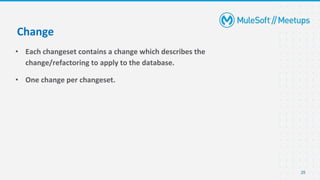 25
• Each changeset contains a change which describes the
change/refactoring to apply to the database.
• One change per changeset.
Change
 