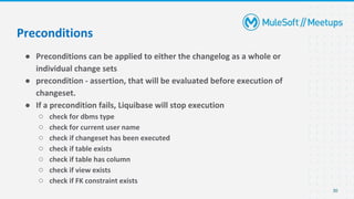 30
● Preconditions can be applied to either the changelog as a whole or
individual change sets
● precondition - assertion, that will be evaluated before execution of
changeset.
● If a precondition fails, Liquibase will stop execution
○ check for dbms type
○ check for current user name
○ check if changeset has been executed
○ check if table exists
○ check if table has column
○ check if view exists
○ check if FK constraint exists
Preconditions
 