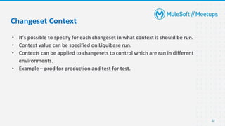 • It’s possible to specify for each changeset in what context it should be run.
• Context value can be specified on Liquibase run.
• Contexts can be applied to changesets to control which are ran in different
environments.
• Example – prod for production and test for test.
32
Changeset Context
 