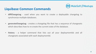 • diffChangeLog - used when you want to create a deployable changelog to
synchronize multiple databases.
• generateChangeLog - creates a changelog file that has a sequence of changesets
which describes how to re-create the current state of the database.
• history - a helper command that lists out all your deploymentIds and all
changesets associated with each deploymentId.
36
Liquibase Common Commands
 