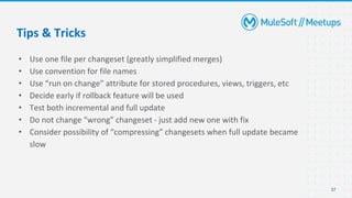 • Use one file per changeset (greatly simplified merges)
• Use convention for file names
• Use “run on change” attribute for stored procedures, views, triggers, etc
• Decide early if rollback feature will be used
• Test both incremental and full update
• Do not change “wrong” changeset - just add new one with fix
• Consider possibility of “compressing” changesets when full update became
slow
37
Tips & Tricks
 