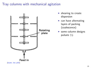 Tray columns with mechanical agitation
I shearing to create
dispersion
I can have alternating
layers of packing
(coalescence)
I some column designs
pulsate ⇑⇓
[Seader, 3ed, p302]
19
 