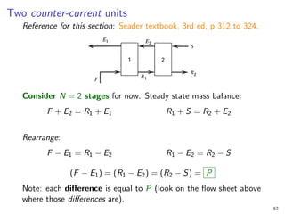 Two counter-current units
Reference for this section: Seader textbook, 3rd ed, p 312 to 324.
Consider N = 2 stages for now. Steady state mass balance:
F + E2 = R1 + E1 R1 + S = R2 + E2
Rearrange:
F − E1 = R1 − E2 R1 − E2 = R2 − S
(F − E1) = (R1 − E2) = (R2 − S) = P
Note: each difference is equal to P (look on the flow sheet above
where those differences are).
52
 