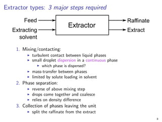 Extractor types: 3 major steps required
1. Mixing/contacting:
I turbulent contact between liquid phases
I small droplet dispersion in a continuous phase
I which phase is dispersed?
I mass-transfer between phases
I limited by solute loading in solvent
2. Phase separation:
I reverse of above mixing step
I drops come together and coalesce
I relies on density difference
3. Collection of phases leaving the unit
I split the raffinate from the extract
8
 