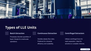 Types of LLE Units
Batch Extraction
Processes discrete quantities of
liquid. Simple for small-scale
operations.
Continuous Extraction
Handles steady flow rates.
Preferred for industrial
efficiency and scalability.
Centrifugal Extractors
Utilises centrifugal force for
rapid separation. Ideal for
sensitive or unstable mixtures.
 