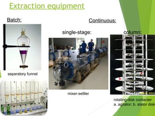 Extraction equipment
Batch:
mixer-settler
column:
separatory funnel
rotating-disk contacter
a. agitator; b. stator disk
single-stage:
Continuous:
 