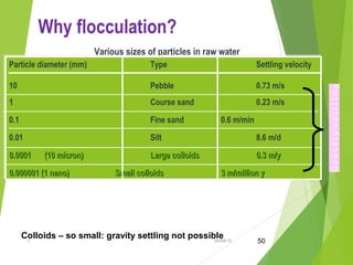 04/08/15.t 50
Why flocculation?
Various sizes of particles in raw water
Particle diameter (mm) Type Settling velocity
10 Pebble 0.73 m/s
1 Course sand 0.23 m/s
0.1 Fine sand 0.6 m/min
0.01 Silt 8.6 m/d
0.00010.0001 (10 micron)(10 micron) Large colloidsLarge colloids 0.3 m/y0.3 m/y
0.000001 (1 nano)0.000001 (1 nano) Small colloidsSmall colloids 3 m/million y3 m/million y
Particle diameter (mm) Type Settling velocity
10 Pebble 0.73 m/s
1 Course sand 0.23 m/s
0.1 Fine sand 0.6 m/min
0.01 Silt 8.6 m/d
0.00010.0001 (10 micron)(10 micron) Large colloidsLarge colloids 0.3 m/y0.3 m/y
0.000001 (1 nano)0.000001 (1 nano) Small colloidsSmall colloids 3 m/million y3 m/million y
Colloids – so small: gravity settling not possible
GravItysettlIng
 