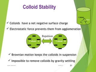 04/08/15water treatment 51
Colloid Stability
------ ------
Repulsion
Colloid - A Colloid - B
 Colloids have a net negative surface charge
 Electrostatic force prevents them from agglomeration
 Brownian motion keeps the colloids in suspension
H2O
Colloid
 Impossible to remove colloids by gravity settling
 
