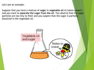 Let's see an example.
Suppose that you have a mixture of sugar in vegetable oil (it tastes sweet!)
and you want to separate the sugar from the oil. You observe that the sugar
particles are too tiny to filter and you suspect that the sugar is partially
dissolved in the vegetable oil.
 