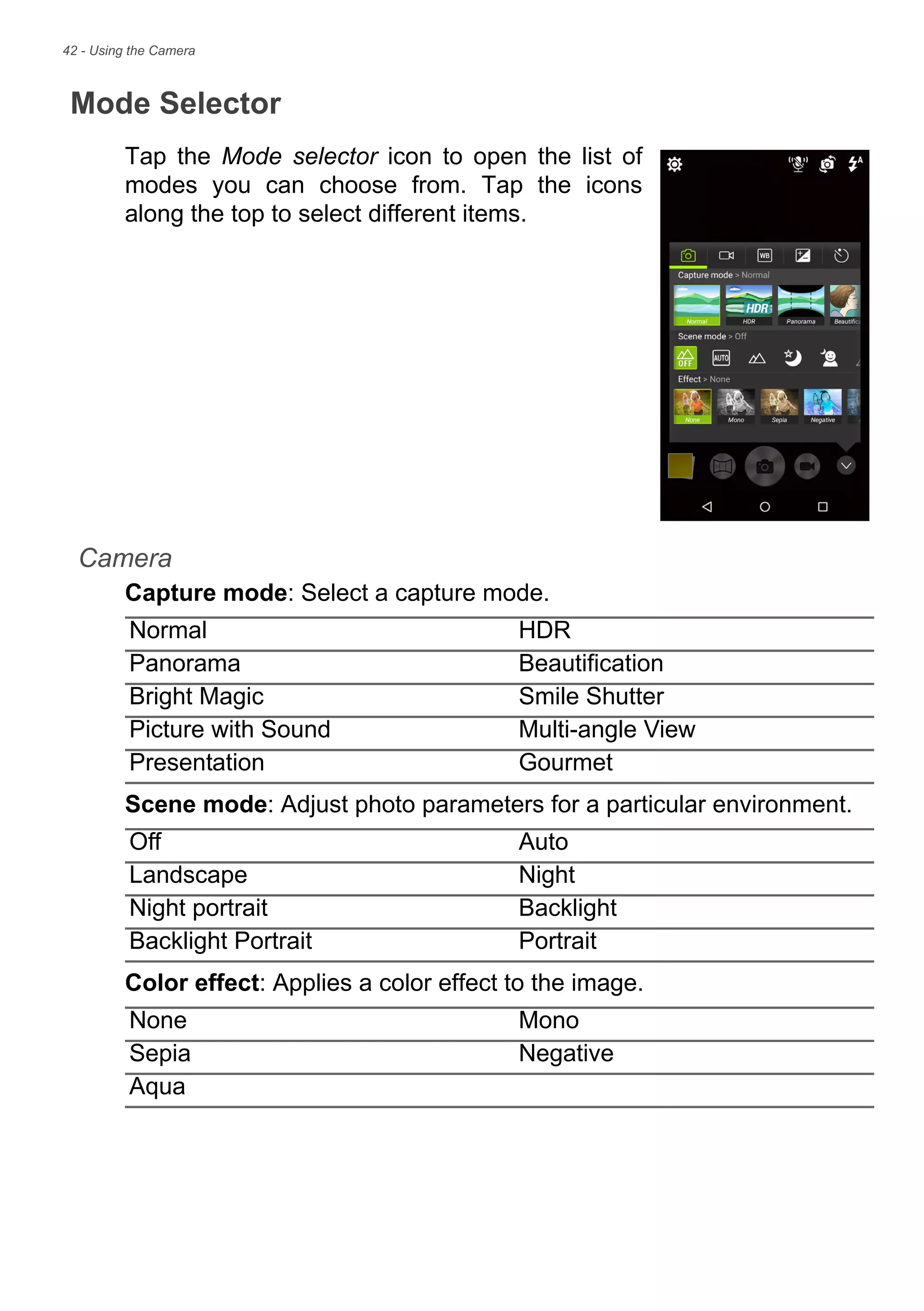 42 - Using the Camera
Mode Selector
Tap the Mode selector icon to open the list of
modes you can choose from. Tap the icons
along the top to select different items.
Camera
Capture mode: Select a capture mode.
Scene mode: Adjust photo parameters for a particular environment.
Color effect: Applies a color effect to the image.
Normal HDR
Panorama Beautification
Bright Magic Smile Shutter
Picture with Sound Multi-angle View
Presentation Gourmet
Off Auto
Landscape Night
Night portrait Backlight
Backlight Portrait Portrait
None Mono
Sepia Negative
Aqua
 