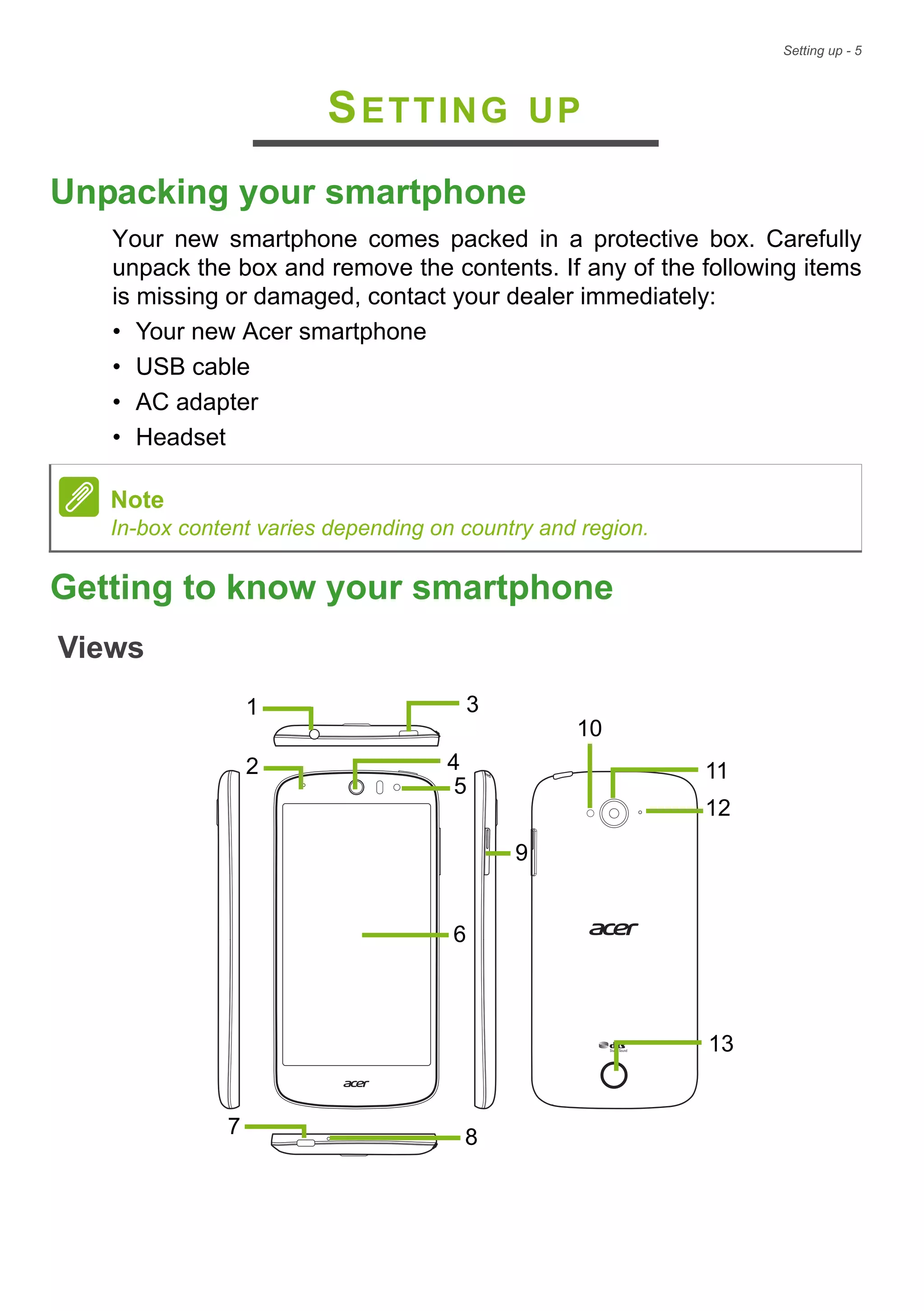 Setting up - 5
SETTING UP
Unpacking your smartphone
Your new smartphone comes packed in a protective box. Carefully
unpack the box and remove the contents. If any of the following items
is missing or damaged, contact your dealer immediately:
• Your new Acer smartphone
• USB cable
• AC adapter
• Headset
Getting to know your smartphone
Views
1
4
6
9
2
5
12
10
7
13
11
3
8
Note
In-box content varies depending on country and region.
 