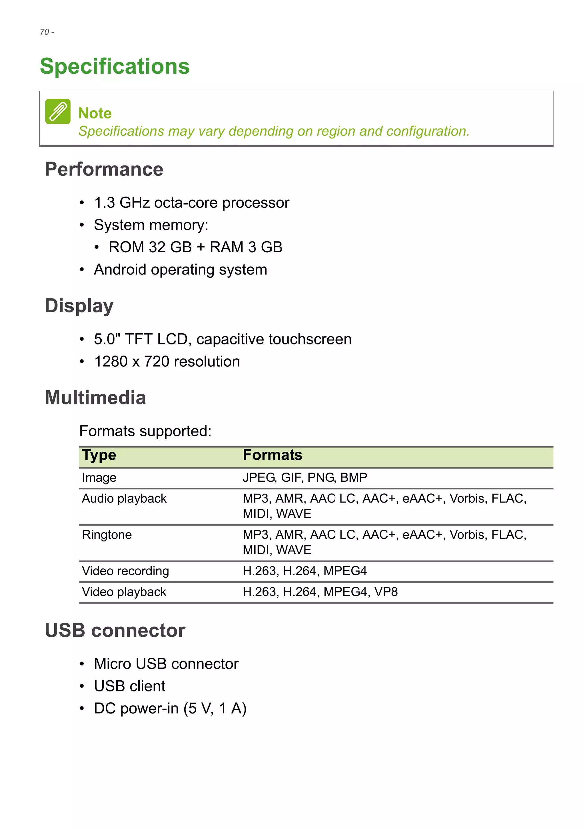 70 -
Specifications
Performance
• 1.3 GHz octa-core processor
• System memory:
• ROM 32 GB + RAM 3 GB
• Android operating system
Display
• 5.0" TFT LCD, capacitive touchscreen
• 1280 x 720 resolution
Multimedia
Formats supported:
USB connector
• Micro USB connector
• USB client
• DC power-in (5 V, 1 A)
Note
Specifications may vary depending on region and configuration.
Type Formats
Image JPEG, GIF, PNG, BMP
Audio playback MP3, AMR, AAC LC, AAC+, eAAC+, Vorbis, FLAC,
MIDI, WAVE
Ringtone MP3, AMR, AAC LC, AAC+, eAAC+, Vorbis, FLAC,
MIDI, WAVE
Video recording H.263, H.264, MPEG4
Video playback H.263, H.264, MPEG4, VP8
 