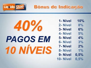 40%
PAGOS EM

10 NÍVEIS

1- Nível
2- Nível
3- Nível
4- Nível
5- Nível
6- Nível
7- Nível
8- Nível
9- Nível
10- Nível

10%
8%
6%
5%
4%
3%
2%
1%
0,5%
0,5%

 
