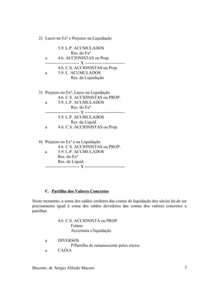 2) Lucro no Exº e Prejuízo na Liquidação
5.9. L.P. ACUMULADOS
Res. do Exº
a 4.6. ACCIONISTAS ou Prop.
------------------------ X ----------------------------
4.6. C.S. ACCIONISTAS ou Prop.
a 5.9. L. ACUMULADOS
Res. da Liquidação
3) Prejuízo no Exº, Lucro na Liquidação
4.6. C.S. ACCIONISTAS ou PROP.
a 5.9. L.P. ACUMULADOS
Res. do Exº
------------------------ X ----------------------------
5.9. L.P. ACUMULADOS
Res. da Liquid.
a 4.6. C.S. ACCIONISTAS ou Prop.
4) Prejuízo no Exº e na Liquidação
4.6. C.S. ACCIONISTAS ou PROP.
a 5.9. L.P. ACUMULADOS
Res. do Exº
Res. de Liquid.
------------------------ X ----------------------------
C. Partilha dos Valores Concretos
Neste momento, a soma dos saldos credores das contas de liquidação dos sócios há-de ser
precisamente igual à soma dos saldos devedores das contas dos valores concretos a
partilhar.
4.6. C.S. ACCIONISTA ou PROP.
Fulano
Accionista c/liquidação
a DIVERSOS
P/Partilha do remanescente pelos sócios
a CAIXA
Docente: dr. Sergio Alfredo Macore 7
 