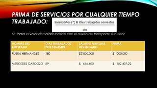 PRIMA DE SERVICIOS POR CUALQUIER TIEMPO
TRABAJADO:
Se toma el valor del salario básico con el auxilio de transporte si lo tiene
NOMBRE DEL
EMPLEADO
DIAS TRABAJADOS
POR SEMESTRE
SALARIO MENSUAL
DEVENGADO
PRIMA
RUBEN HERNANDEZ 180 $2’000.000 $1’000.000
MERCEDES CARDOZO 89 $ 616.600 $ 152.437,22
 