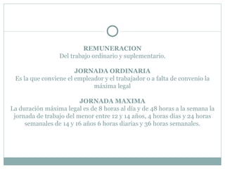 REMUNERACION Del trabajo ordinario y suplementario. JORNADA ORDINARIA Es la que conviene el empleador y el trabajador o a falta de convenio la máxima legal   JORNADA MAXIMA La duración máxima legal es de 8 horas al día y de 48 horas a la semana la jornada de trabajo del menor entre 12 y 14 años, 4 horas días y 24 horas semanales de 14 y 16 años 6 horas diarias y 36 horas semanales. 