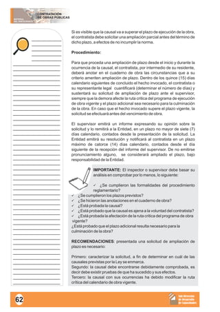 MATERIAL
DEL PARTICIPANTE
CONTRATACIÓN
DE OBRAS PÚBLICAS
Sub Dirección
de Desarrollo
de Capacidades
____________
____________
____________
____________
____________
___________________
___________________
___________________
___________________
___________________
___________________
___________________
___________________
___________________
___________________
___________________
___________________
___________________
___________________
___________________
___________________
___________________
___________________
___________________
___________________
___________________
___________________
___________________
___________________
___________________
___________________
___________________
___________________
___________________
___________________
___________________
___________________
___________________
___________________
___________________
___________________
___________________
___________________
___________________
___________________
___________________
___________________
___________________
___________________
___________________
Si es visible que la causal va a superar el plazo de ejecución de la obra,
el contratista debe solicitar una ampliación parcial antes del término de
dicho plazo, a efectos de no incumplir la norma.
Procedimiento:
Para que proceda una ampliación de plazo desde el inicio y durante la
ocurrencia de la causal, el contratista, por intermedio de su residente,
deberá anotar en el cuaderno de obra las circunstancias que a su
criterio ameriten ampliación de plazo. Dentro de los quince (15) días
calendario siguientes de concluido el hecho invocado, el contratista o
su representante legal cuantificará (determinar el número de días) y
sustentará su solicitud de ampliación de plazo ante el supervisor,
siempre que la demora afecte la ruta critica del programa de ejecución
de obra vigente y el plazo adicional sea necesario para la culminación
de la obra. En caso que el hecho invocado supere el plazo vigente, la
solicitud se efectuará antes del vencimiento de obra.
El supervisor emitirá un informe expresando su opinión sobre la
solicitud y lo remitirá a la Entidad, en un plazo no mayor de siete (7)
días calendario, contados desde la presentación de la solicitud. La
Entidad emitirá su resolución y notificará al contratista en un plazo
máximo de catorce (14) días calendario, contados desde el día
siguiente de la recepción del informe del supervisor. De no emitirse
pronunciamiento alguno, se considerará ampliado el plazo, bajo
responsabilidad de la Entidad.
IMPORTANTE: El inspector o supervisor debe basar su
análisis en comprobar por lo menos, lo siguiente:
ü¿Se cumplieron las formalidades del procedimiento
reglamentario?
ü¿Se cumplieron los plazos previstos?
ü¿Se hicieron las anotaciones en el cuaderno de obra?
ü¿Está probada la causal?
ü¿Está probado que la causal es ajena a la voluntad del contratista?
ü¿Está probada la afectación de la ruta critica del programa de obra
vigente?
¿Está probado que el plazo adicional resulta necesario para la
culminación de la obra?
RECOMENDACIONES: presentada una solicitud de ampliación de
plazo es necesario:
Primero: caracterizar la solicitud, a fin de determinar en cuál de las
causales previstas por la Ley se enmarca.
Segundo: la causal debe encontrarse debidamente comprobada, es
decir debe existir pruebas de que ha sucedido y sus efectos.
Tercero: la causal con sus ocurrencias ha debido modificar la ruta
crítica del calendario de obra vigente.
62
 