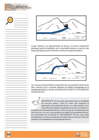 MATERIAL
DEL PARTICIPANTE
CONTRATACIÓN
DE OBRAS PÚBLICAS
Sub Dirección
de Desarrollo
de Capacidades
____________
____________
____________
____________
____________
___________________
___________________
___________________
___________________
___________________
___________________
___________________
___________________
___________________
___________________
___________________
___________________
___________________
___________________
___________________
___________________
___________________
___________________
___________________
___________________
___________________
___________________
___________________
___________________
___________________
___________________
___________________
___________________
___________________
___________________
___________________
___________________
___________________
___________________
___________________
___________________
___________________
___________________
___________________
___________________
___________________
___________________
___________________
___________________
___________________
Luego: Debido a un deslizamiento de tierras, el camino inicialmente
planteado quedó inhabilitado, por lo cual debió hacerse un camino más
largo para llegar al punto de la obra, conforme al siguiente grafico.
Así, se hace imprescindible la realización de una prestación adicional de
obra, siempre que la indicada situación no estaba considerada en el
expediente técnico y resulta necesaria para cumplir con la finalidad del
contrato de obra.
IMPORTANTE: En las obras ejecutadas bajo la modalidad
de concurso oferta o llave en mano que impliquen la
elaboración del expediente técnico, no cabe aprobar como
obra adicional trabajos resultantes de errores cometidos en
la elaboración del expediente técnico, toda vez que el contratista ejecutor
de la obra es, a su vez, el proyectista que elaboró el expediente técnico;
de conformidad con la Opinión N° 026-2008/DOP. Por ello, bajo estas
modalidades no serían procedentes los adicionales de obra por mayores
metrados a los detallados en el expediente técnico.
68
 