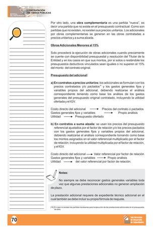 MATERIAL
DEL PARTICIPANTE
CONTRATACIÓN
DE OBRAS PÚBLICAS
Sub Dirección
de Desarrollo
de Capacidades
____________
____________
____________
____________
____________
___________________
___________________
___________________
___________________
___________________
___________________
___________________
___________________
___________________
___________________
___________________
___________________
___________________
___________________
___________________
___________________
___________________
___________________
___________________
___________________
___________________
___________________
___________________
___________________
___________________
___________________
___________________
___________________
___________________
___________________
___________________
___________________
___________________
___________________
___________________
___________________
___________________
___________________
___________________
___________________
___________________
___________________
___________________
___________________
___________________
Por otro lado, una obra complementaria es una partida “nueva”, es
decir una partida que no existe en el presupuesto contractual. Como son
partidas que no existen, no existen sus precios unitarios. Los adicionales
por obras complementarias se generan en las obras contratadas a
precios unitarios y a suma alzada.
ObrasAdicionales Menores al 15%
Solo procederá la ejecución de obras adicionales cuando previamente
se cuente con disponibilidad presupuestal y resolución del Titular de la
Entidad y en los casos en que sus montos, por si solos o restándole los
presupuestos deductivos vinculados sean iguales o no superen el 15%
del monto del contrato original.
Presupuesto del adicional:
a) En contratos a precios unitarios: los adicionales se formulan con los
16
precios contratados y/o pactados y los gastos generales fijos y
variables propios del adicional, debiendo realizarse el análisis
correspondiente teniendo como base los análisis de los gastos
generales del presupuesto original contratado, incluyendo la utilidad
ofertada y el IGV.
Costo directo del adicional Precios del contrato o pactados
Gastos generales fijos y variables Propio análisis
Utilidad Presupuesto ofertado
b) En contratos a suma alzada: se usan los precios del presupuesto
referencial ajustados por el factor de relación y/o los precios pactados
con los gastos generales fijos y variables propios del adicional,
debiendo realizarse el análisis correspondiente tomando como base
los montos asignados en el valor referencial multiplicado por el factor
de relación; incluyendo la utilidad multiplicada por el factor de relación,
y el IGV.
Costo directo del adicional Valor referencial por factor de relación
Gastos generales fijos y variables Propio análisis
Utilidad del valor referencial por factor de relación.
Notas:
No siempre se debe reconocer gastos generales variables toda
vez que algunas prestaciones adicionales no generan ampliación
de plazo.
La prestación adicional requiere de expediente técnico adicional en el
cual también se debe incluir su propia fórmula de reajuste.
70
(16) En caso no existan las partidas necesarias para la ejecución de las prestaciones adicionales en el presupuesto
de obra.
 