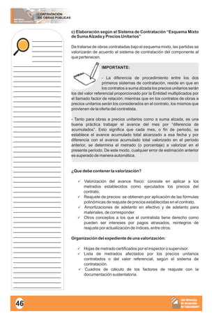 MATERIAL
DEL PARTICIPANTE
CONTRATACIÓN
DE OBRAS PÚBLICAS
Sub Dirección
de Desarrollo
de Capacidades
____________
____________
____________
____________
____________
___________________
___________________
___________________
___________________
___________________
___________________
___________________
___________________
___________________
___________________
___________________
___________________
___________________
___________________
___________________
___________________
___________________
___________________
___________________
___________________
___________________
___________________
___________________
___________________
___________________
___________________
___________________
___________________
___________________
___________________
___________________
___________________
___________________
___________________
___________________
___________________
___________________
___________________
___________________
___________________
___________________
___________________
___________________
___________________
___________________
c) Elaboración según el Sistema de Contratación “Esquema Mixto
de SumaAlzada y Precios Unitarios”
De tratarse de obras contratadas bajo el esquema mixto, las partidas se
valorizarán de acuerdo al sistema de contratación del componente al
que pertenecen.
IMPORTANTE:
- La diferencia de procedimiento entre los dos
primeros sistemas de contratación, reside en que en
los contratos a suma alzada los precios unitarios serán
los del valor referencial proporcionado por la Entidad multiplicados por
el llamado factor de relación; mientras que en los contratos de obras a
precios unitarios serán los considerados en el contrato, los mismos que
provienen de la oferta del contratista.
- Tanto para obras a precios unitarios como a suma alzada, es una
buena práctica trabajar el avance del mes por “diferencia de
acumulados”. Esto significa que cada mes, o fin de periodo, se
establece el avance acumulado total alcanzado a esa fecha y por
diferencia con el avance acumulado total valorizado en el período
anterior, se determina el metrado (o porcentaje) a valorizar en el
presente período. De este modo, cualquier error de estimación anterior
es superado de manera automática.
¿Que debe contener la valorización?
üValorización del avance físico: consiste en aplicar a los
metrados establecidos como ejecutados los precios del
contrato.
üReajuste de precios: se obtienen por aplicación de las fórmulas
polinómicas de reajuste de precios establecidas en el contrato.
üAmortizaciones de adelanto en efectivo y de adelanto para
materiales, de corresponder.
üOtros conceptos a los que el contratista tiene derecho como
pueden ser intereses por pagos atrasados, reintegros de
reajuste por actualización de índices, entre otros.
Organización del expediente de una valorización:
üHojas de metrado certificados por el inspector o supervisor.
üLista de metrados afectados por los precios unitarios
contratados o del valor referencial, según el sistema de
contratación.
üCuadros de cálculo de los factores de reajuste con la
documentación sustentatoria.
46
 