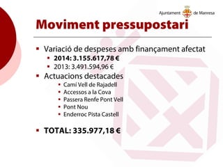 Moviment pressupostari
 Variació de despeses amb finançament afectat
 2014: 3.155.617,78 €
 2013: 3.491.594,96 €
 Actuacions destacades
 Camí Vell de Rajadell
 Accessos a la Cova
 Passera Renfe Pont Vell
 Pont Nou
 Enderroc Pista Castell
 TOTAL: 335.977,18 €
 