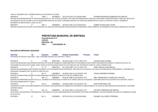 184/2014. PAGAMENTO REF. A PRIMEIRA PARCELA DO CONTRATO.JA CITADO. 
04/07/2014 G 1009 / 1 2016360211 02.07.00 2.016 3.3.9.0.36.00.006 0424 EDVANIA RODRIGUES BARBOSA DOS SANTOS 
DESPESA SUB EMPENHADA NAS NT FISCAIS AVULSAS 220 E 221, NA LOCACAO DE IMOVEL TIPO CASA, NA FAZENDA BAIXA FUNDA S/N, ZONA RURAL EM BIRITINGA-BAHIA, USADO NA INSTALACAO 
DA UNIDADE DE SAUDE DA FAMILIA JUNTO A SECRETARIA MUNICIPAL DE SAUDE, CONFORME DESCRITO NO PROCESSO ADMINISTRATIVO 167/2014 E CONTRATO 170/2014. PAGAMENTO 
REFERENTE AO MES DE MAIO E JUNHO DE 2014. 
06/07/2014 G 249 / 3 2005390011 02.04.00 2.005 3.3.9.0.39.00.00 00 GOMES TECNOLOGIA LTD-ME 
DESPESA LIQUIDADA NOTA FISCAL 38 NA PRESTACAO DE SERVICOS PROFISSIONAIS ESPECIALIZADOS DE ASSESSORIA, PARA CORRECAO DE INFORMACAO DOS DADOS INSERIDOS NO SISTEMA 
PREFEITURA MUNICIPAL DE BIRITINGA 
Praça Municipal Nº 01 
CENTRO 
BIRITINGA - BA 
CNPJ: 13.835.558/0001-39 
RELAÇÃO DE EMPENHOS LIQUIDADOS 
Data Emp Tp Empenho CodRed Dotação Orçamentária Processo Credor 
INTEGRADO DE GESTAO E AUDITORIA - SIGA, CONFORME DESCRITO NO CONTRATO 118/2014. 
07/07/2014 E 11 / 206 2005110011 02.04.00 2.005 3.1.9.0.11.05.001 07074 GILSON ALVES CAJAIBA 
VALOR SUB EMPENHADO PARA ATENDER DESPESAS DE FOLHA DE PAGAMENTO (COMPLEMENTAR) DE FUNCIONÁRIOS DESTA PREFEITURA MUNICIPAL DURANTE O EXERCÍCIO DE 2014, DO 
FUNCIONARIO:GILSON ALVES CAJAIBA, COMO CHEFE DO SETOR DE MANUTENCAO DE VIAS PUBLICAS, PAG. REFERENTE AO MES DE JUNHO CORRENTE ANO. 
07/07/2014 E 17 / 17 2058110011 02.14.00 2.058 3.1.9.0.11.05.001 07075 JOÃO CARLOS ALVES MACIEL 
DESPESA SUB EMPENHADA PARA ATENDER PAGAMENTO DE FUNCIONARIO DESTA SECRETARIA: JOÃO CARLOS ALVES MACIEL, NA FUNCAO DE ASSESSOR DE DEPARTAMENTO, VENCIMENTOS E 
VANTAGENS, PAGAMENTO REF. AO MES DE JUNHO DE 2014. 
07/07/2014 E 55 / 8 2043390411 02.06.00 2.043 3.3.9.0.39.00.001 07476 CAIXA ECONOMICA FEDERAL 
DESPESA LIQUIDADA PARA ATENDER AS TARIFA BANCARIAS, REFERENTE AO MES DE JULHO DO CORRENTE ANO. 
07/07/2014 E 282 / 19 206939001 02.04.00 2.069 3.3.9.0.39.00.001 07073 RMC TRANSPORTE E SERVICOS LTDA-EPP 
DESPESA SUB EMPENHADA NA NOTA FISCAL 80 , PAGAMENTO DE PRESTACAO DE SERVICO DE LIMPEZA PUBLICA DO MUNICIPIO, CONFORME DESCRITO NO DESCRITO NO CONTRATO 145/2014, 
PROCESSO ADMINISTRATIVO 102/2014. 
07/07/2014 E 318 / 2 2025302911 02.09.00 2.025 3.3.9.0.30.00.001 27991 POSTO BIRITINGA LTDA 
LIQUIDAÇÃO DO DANF N 504 PARA PAGAMENTO DE DESPESA COM A AQUISIÇÃO DE COMBUSTIVEL DESTINADO AO ABASTECIMENTO DE VEICULOS QUE ATENDEM ESTA SECRETARIA, CONFORME 
CONTRATO ANEXO. 
07/07/2014 E 370 / 15 2029040011 02.13.00 2.029 3.1.9.0.04.05.001 07077 JOILSON CORDEIRO DOS SANTOS 
VALOR PAGO COM DESPESA DE VENCIMENTOS E VANTAGENS DE FOLHA (COMPLEMENTAR) DE CONTRATADO POR TEMPO DETERMINADO: JOILSON CORDEIRO DOS SANTOS, PAGAMENTO DO MES 
DE JULHO 2014. 
07/07/2014 G 64 / 4 2016360211 02.07.00 2.016 3.3.9.0.36.00.006 0426 DILVANEI JULIO BISPO FERREIRA 
 