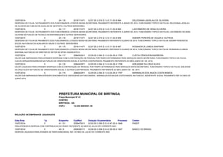 10/07/2014 E 24 / 16 2016111471 02.07.00 2.016 3.1.9.0.11.03.006 1644 DELEDIANA LADISLAU DE OLIVEIRA 
DESPESAS DE FOLHA DE PAGAMENTO DOS FUNCIONARIOS LOTADOS NESSA SECRETARIA, PAGAMENTO REFERENTE A JUNHO DE 2014, FUNCIONARIO TOPICO DA FOLHA: DELEDIANA LADISLAU 
DE OLIVEIRA NA FUNCAO DE AUXILIAR DE DENTISTA E OUTROS SERVIDORES. 
10/07/2014 E 24 / 17 2016111471 02.07.00 2.016 3.1.9.0.11.03.006 1645 LAIS RIBEIRO DE SENA OLIVEIRA 
DESPESAS DE FOLHA DE PAGAMENTO DOS FUNCIONARIOS LOTADOS NESSA SECRETARIA, PAGAMENTO REFERENTE A JUNHO DE 2014, FUNCIONARIO TOPICO DA FOLHA: LAIS RIBEIRO DE SENA 
OLIVEIRA NA FUNCAO DE TECNICO EM ENFERMAGEM E OUTROS SERVIDORES. 
10/07/2014 E 24 / 18 2016111471 02.07.00 2.016 3.1.9.0.11.03.006 1646 ADEMIR PEREIRA DE SOUZA E OUTROS. 
DESPESAS DE FOLHA DE PAGAMENTO DOS FUNCIONARIOS LOTADOS NESSA SECRETARIA, PAGAMENTO REFERENTE A JUNHO DE 2014, FUNCIONARIO TOPICO DA FOLHA: ADEMIR PEREIRA DE 
SOUZA, NA FUNCAO DE AUXILIAR DE SAUDE E OUTROS SERVIDORES. 
10/07/2014 E 24 / 19 2016111471 02.07.00 2.016 3.1.9.0.11.03.006 1647 ROSANGELA LISBOA SANTANA 
DESPESAS DE FOLHA DE PAGAMENTO DOS FUNCIONARIOS LOTADOS NESSA SECRETARIA, PAGAMENTO REFERENTE A JUNHO DE 2014, FUNCIONARIO TOPICO DA FOLHA: ROSANGELA LISBOA 
SANTANA, NA FUNCAO DE DIRETOR DO SETOR DE APOIO DIAGNOSTICO. 
10/07/2014 E 24 / 17 2064042911 02.09.00 2.064 3.1.9.0.04.05.001 27995 CLECIA CERQUEIRA BARBOSA 
VALOR SUB EMPENHADO PARA ATENDER DESPESAS COM A CONTRATAÇÃO DE PESSOAL POR TEMPO DETERMINADO PARA SERVIÇOS DESTA SECRETARIA, FUNCIONARIO TOPICO DA FOLHA: 
CLECIA CERQUEIRA BARBOSA NA FUNCAO DE ORIENTADORA SOCIAL E OUTROS CONTRATADOS, PAGAMENTO REFERENTE AO MES JUNHO DE DE 2014. 
10/07/2014 E 24 / 18 2064042911 02.09.00 2.064 3.1.9.0.04.05.001 27996 ADEJEANE DA CRUZ ALVES 
VALOR LIQUIDADO PARA ATENDER DESPESAS COM A CONTRATAÇÃO DE PESSOAL POR TEMPO DETERMINADO PARA SERVIÇOS DESTA SECRETARIA, FUNCIONARIO TOPICO DA FOLHA: ADEJEANE 
DA CRUZ ALVES NA FUNCAO DE ORIENTADORA SOCIAL E OUTROS CONTRATADOS, PAGAMENTO REFERENTE AO MES JUNHO DE DE 2014. 
10/07/2014 E 24 / 19 2064042911 02.09.00 2.064 3.1.9.0.04.05.001 27997 MARINALVA DOS ANJOS COSTA RAMOS 
VALOR SUB EMPENHADA PARA ATENDER VENCIMENTOS E VANTAGENS DA FUNCIONARIA: MARINALVA DOS ANJOS COSTA RAMOS, NA FUNCAO: ASSISTENTE SOCIAL PAGAMENTO REF AO MES DE 
JUNHO 2014 
PREFEITURA MUNICIPAL DE BIRITINGA 
Praça Municipal Nº 01 
CENTRO 
BIRITINGA - BA 
CNPJ: 13.835.558/0001-39 
RELAÇÃO DE EMPENHOS LIQUIDADOS 
Data Emp Tp Empenho CodRed Dotação Orçamentária Processo Credor 
10/07/2014 E 41 / 51 2059470011 02.05.00 2.059 3.3.9.0.47.00.001 08046 PASEP 
PARA ATENDER A DESPESA COM CONTRIBUICAO AO PASEP, REFERENTE AO MES DE JULHO DO CORRENTE ANO. 
10/07/2014 E 49 / 8 2008390111 02.06.00 2.008 3.3.9.0.39.00.001 08147 BANCO DO BRASIL 
DESPESA LIQUIDADA PARA ATENDER AS TARIFA BANCARIAS, REF. AO MES DE JULHO DO CORRENTE ANO. 
 
