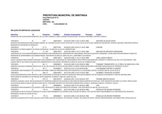 PREFEITURA MUNICIPAL DE BIRITINGA 
Praça Municipal Nº 01 
CENTRO 
BIRITINGA - BA 
CNPJ: 13.835.558/0001-39 
RELAÇÃO DE EMPENHOS LIQUIDADOS 
Data Emp Tp Empenho CodRed Dotação Orçamentária Processo Credor 
PROMOVIDO PELA SECRETARIA MUNICIPAL DE CULTURA TURISMO E LAZER, ATRAVES DA BAHIATURSA, APOIADA CONFORME CONTRATO 189/2014. 
14/07/2014 N 415 2005140011 02.04.00 2.005 3.3.9.0.14.00.001 08082 ANTONIO DA SILVA COSTA 
DESPESA SUB EMPENHADA PARA ATENDER DIARIAS DE ANTONIO DA SILVA COSTA, NOS DIAS 14 A 16 DE JULHO DE 2014 NAS CIDADES DE SALVADOR E FEIRA DE SANTANA, PARA PARTICIPAR DE 
REUNIOES DO INTERESSE DO MUNICIPIO. 
15/07/2014 E 9 / 17 200771001 02.05.00 2.007 4.6.9.0.71.00.001 08089 COELBA 
REFERENTE AO PARCELAMENTO DE DIVIDA CONTRATUAL, DO MES DE JULHO DO CORRENTE ANO 
15/07/2014 E 11 / 181 2005110011 02.04.00 2.005 3.1.9.0.11.05.001 08094 ANILSON DE AZEVEDO CERQUEIRA 
LIQUIDAÇÃO DE FOLHA PARA PAGAMENTO DE DESPESA COM VENCIMENTOS E VANTAGENS DO FUNCIONARIO: ANILSON DE AZEVEDO CERQUEIRA, LOTADO NESTA SECRETARIA NA FUNÇÃO DE 
ASSESSOR DE DEPARTAMENTO DE ADMINISTRAÇÃO, REFERENTE AO MES DE JUNHO DE 2014, CONFORME FOLHA ANEXA. 
15/07/2014 E 11 / 182 2005110011 02.04.00 2.005 3.1.9.0.11.05.001 08095 JOSE LAERCIO BRITO 
VALOR LIQUIDADA PARA ATENDER DESPESAS COM VENCIMENTOS E VANTAGENS DE FUNCIONÁRIOS DESTA PREFEITURA MUNICIPAL DURANTE O EXERCÍCIO DE 2014, DO FUNCIONARIO: JOSE 
LAERCIO BRITO, NA FUNCAO DE ASSISTENTE ADMINISTRATIVO (DIGITADOR), REFERENTE AO MES DE JULHO DO CORRENTE ANO. 
15/07/2014 E 60 / 11 2005390011 02.04.00 2.005 3.3.9.0.39.00.001 08086 TRANSBIT TRANSPORTE CO. E PRES. DE SERVICOS LTDA 
DESPESA LIQUIDADA A PRIMEIRA PARCELA DA NF 251 NA LOCACAO DE VEICULOS QUE SERAO LOTADOS NESSA SECRETARIA CONFORME ESPECIFICADO DO CONTRATO 331/2013. 
15/07/2014 E 79 / 7 2014390211 02.07.00 2.014 3.3.9.0.39.00.006 0821 LIGA BAIANA CONTRA O CANCER 
LIQUIDAÇÃO PARA PAGAMENTO DE DESPESA CONFORME TERMO DE PARCERIA ENTRE ESTE MUNICIPIO E A LIGA BAIANA CONTRA O CANCER, MES DE JULHO DE 2014. 
15/07/2014 E 264 / 8 2004140011 02.01.00 2.004 3.3.9.0.14.00.001 08087 GILMARIO SOUZA DE OLIVEIRA 
VALOR SUB EMPENHADO PARA DESPESA COM A CONCESSÃO DE DIARIAS AO PREFEITO MUNICIPAL PARA DESLOCAMENTO ATE AS CIDADES DE SALVADOR E FEIRA DE SANTANA ONDE 
PARTICIPARÁ DE REUNIÕES DE INTERESSE DESTE MUNICIPIO, DURANTE O MES DE JUNHO DE 2014. 
15/07/2014 E 273 / 5 2041301511 02.06.00 2.041 3.3.9.0.30.00.001 19577 TATIANA SANTOS SOUZA 
DESPESA LIQUIDADA NA NF, 006 NA AQUISICAO DE GENEROS ALIMENTICIOS DA AGRICULTURA FAMILIAR PARA ALIMENTACAO ESCOLAR, ITENS DESCRITOS NA DANFE JA CITADA, PARA ALUNOS 
DA EDUCACAO BASICA PUBLICA MATRICULADOS NA EE, CONFORME DESCRITO NO PROCESSO ADMINISTRATIVO 69/2014, DISPENSA N 56/2014, CONTRATO 130/2014. 
15/07/2014 G 46 / 11 2005390011 02.04.00 2.005 3.3.9.0.39.00.001 08088 UPB 
LIQUIDAÇÃO PARA PAGAMENTO DE DESPESA COM CONTRIUIÇÃO A UNIAO DOS PREFEITOS DA BAHIA - UPB, REFERENTE AO MES DE JULHO DE 2014. 
15/07/2014 G 174 / 6 2006360011 02.01.00 2.006 3.3.9.0.36.00.001 08092 ERIVALDO DE MOURA PEDREIRA 
LIQUIDAÇÃO DA NOTA FISCAIS DE SERVIÇO Nº 212/2014 PARA PAGAMENTO DE DESPESA COM LOCAÇÃO DE IMOVEL TIPO GALPÃO PARA FUNCIONAMENTO DO CIRETRAN DESTE MUNICIPIO, 
REFERENTE AO MES DE JUNHO DE 2014. 
15/07/2014 G 175 / 6 2005360011 02.04.00 2.005 3.3.9.0.36.00.001 08093 ERIVALDO DE MOURA PEDREIRA 
DESPESA LIQUIDADA NOTA FISCAL AVULSA 211/2014 PARA LOCACAO DE IMOVEL TIPO GALPAO, SITUADO NO LARGO DA FONTE, CENTRO, BIRITINGA-BAHIA, DESTINADO PARA INSTALACAO DA 
 