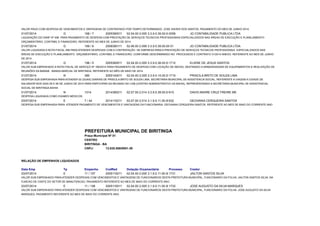 VALOR PAGO COM DESPESA DE VENCIMENTOS E VANTAGENS DE CONTRATADO POR TEMPO DETERMINADO: JOSE XAVIER DOS SANTOS, PAGAMENTO DO MES DE JUNHO 2014. 
01/07/2014 G 168 / 7 2005390011 02.04.00 2.005 3.3.9.0.39.00.002 00056 JG CONTABILIDADE PUBLICA LTDA 
LIQUIDAÇÃO DO DANF Nº 496 PARA PAGAMENTO DE DESPESA COM PRESTAÇÃO DE SERVIÇOS TECNICOS PROFISSIONAIS ESPECIALIZADOS NAS ÁREAS DE EXECUÇÃO E PLANEJAMENTO 
ORÇAMENTÁRIO, CONTÁBIL E FINANCEIRO, REFERENTE AO MES DE JUNHO DE 2014. 
01/07/2014 G 169 / 6 2008390111 02.06.00 2.008 3.3.9.0.39.00.00 01 JG CONTABILIDADE PUBLICA LTDA 
VALOR LIQUIDADA A NOTA FISCAL 498 PARA ATENDER DESPESAS COM A CONTRATAÇÃO DE EMPRESA PARA A PRESTAÇÃO DE SERVIÇOS TECNICOS PROFISSIONAIS ESPECIALIZADOS NAS 
ÁREAS DE EXECUÇÃO E PLANEJAMENTO ORÇAMENTÁRIO, CONTÁBIL E FINANCEIRO, CONFORME DESCRIMINADO NO PROCESSOS E CONTRATO 31/2014 ANEXO. REFERENTE AO MES DE JUNHO 
DE 2014. 
01/07/2014 G 196 / 5 2005360011 02.04.00 2.005 3.3.9.0.36.00.001 07012 ELIENE DE JESUS SANTOS 
VALOR SUB EMPENHADO A NOTA FISCAL DE SERVIÇO Nº 185/2014 PARA PAGAMENTO DE DESPESA COM LOCAÇÃO DE IMOVEL DESTINADO A ARMAZENAGEM DE EQUIPAMENTOS E REALIZAÇÃO DE 
REUNIÕES DA BAMAB - BANDA MARCIAL DE BIRITINGA. REFERENTE AO MÊS DE MAIO DE 2014. 
01/07/2014 N 385 2005140011 02.04.00 2.005 3.3.9.0.14.00.001 07010 PRISCILA BRITO DE SOUZA LIMA 
DESPESA SUB EMPENHADA PARA ATENDER 02 (DUAS) DIARIAS DE PRISCILA BRITO DE SOUZA LIMA, SECRETARIA MUNICIPAL DE ASSISTENCIA SOCIAL, REFERENTE A VIAGEM A CIDADE DE 
SALVADOR NOS DIAS 05 E 06 DE JUNHO DE 2014 PARA PARTICIPAR DA REUNIAO NO CAB (CENTRO ADMINISTRATIVO DA BAHIA), REPRESENTANDO A SECRETARIA MUNICIPAL DE ASSISTENCIAL 
SOCIAL DE BIRITINGA-BAHIA 
01/07/2014 N 1014 2014390211 02.07.00 2.014 3.3.9.0.39.00.006 0125 DAVID ANDRE CRUZ FREIRE ME 
DESPESA LIQUIDADA COMO EXAMES MEDICOS. 
03/07/2014 E 7 / 44 2014110211 02.07.00 2.014 3.1.9.0.11.05.006 0322 GEOVANIA CERQUEIRA SANTOS 
DESPESA SUB EMPENHADA PARA ATENDER PAGAMENTO DE VENCIMENTOS E VANTAGENS DA FUNCIONARIA: GEOVANIA CERQUEIRA SANTOS, REFERENTE AO MES DE MAIO DO CORRENTE ANO 
PREFEITURA MUNICIPAL DE BIRITINGA 
Praça Municipal Nº 01 
CENTRO 
BIRITINGA - BA 
CNPJ: 13.835.558/0001-39 
RELAÇÃO DE EMPENHOS LIQUIDADOS 
Data Emp Tp Empenho CodRed Dotação Orçamentária Processo Credor 
03/07/2014 E 11 / 157 2005110011 02.04.00 2.005 3.1.9.0.11.05.001 07031 JAILTON SANTOS SILVA 
VALOR SUB EMPENHADO PARA ATENDER DESPESAS COM VENCIMENTOS E VANTAGENS DE FUNCIONARIOS DESTA PREFEITURA MUNICIPAL, FUNCIONARIO DA FOLHA: JAILTON SANTOS SILVA, NA 
FUNCAO DE CHEFE DO SETOR DE MANUTENCAO, PAGAMENTO REFERENTE AO MES DE MAIO DO CORRENTE ANO. 
03/07/2014 E 11 / 158 2005110011 02.04.00 2.005 3.1.9.0.11.05.001 07032 JOSE AUGUSTO DA SILVA MARQUES 
VALOR SUB EMPENHADO PARA ATENDER DESPESAS COM VENCIMENTOS E VANTAGENS DE FUNCIONARIOS DESTA PREFEITURA MUNICIPAL, FUNCIONARIO DA FOLHA: JOSE AUGUSTO DA SILVA 
MARQUES, PAGAMENTO REFERENTE AO MES DE MAIO DO CORRENTE ANO. 
 