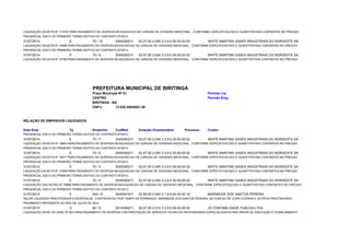 LIQUIDAÇÃO DA NOTA Nº 113753 PARA PAGAMENTO DE DESPESA NA AQUISICAO DE CARGAS DE OXIGENIO MEDICINAL, CONFORME ESPECIFICACOES E QUANTITATIVAS CONTANTES NO PREGAO 
PRESENCIAL 3/2013 DO PRIMEIRO TERMO ADITIVO DO CONTRATO 97/2013. 
31/07/2014 E 70 / 10 2045300211 02.07.00 2.045 3.3.9.0.30.00.00 02 WHITE MARTINS GASES INDUSTRIAIS DO NORDESTE SA 
LIQUIDAÇÃO DA NOTA Nº 16696 PARA PAGAMENTO DE DESPESA NA AQUISICAO DE CARGAS DE OXIGENIO MEDICINAL, CONFORME ESPECIFICACOES E QUANTITATIVAS CONTANTES NO PREGAO 
PRESENCIAL 3/2013 DO PRIMEIRO TERMO ADITIVO DO CONTRATO 97/2013. 
31/07/2014 E 70 / 9 2045300211 02.07.00 2.045 3.3.9.0.30.00.00 02 WHITE MARTINS GASES INDUSTRIAIS DO NORDESTE SA 
LIQUIDAÇÃO DA NOTA Nº 16768 PARA PAGAMENTO DE DESPESA NA AQUISICAO DE CARGAS DE OXIGENIO MEDICINAL, CONFORME ESPECIFICACOES E QUANTITATIVAS CONTANTES NO PREGAO 
PREFEITURA MUNICIPAL DE BIRITINGA 
Praça Municipal Nº 01 Período Liq: 
CENTRO Período Emp: 
BIRITINGA - BA 
CNPJ: 13.835.558/0001-39 
RELAÇÃO DE EMPENHOS LIQUIDADOS 
Data Emp Tp Empenho CodRed Dotação Orçamentária Processo Credor 
PRESENCIAL 3/2013 DO PRIMEIRO TERMO ADITIVO DO CONTRATO 97/2013. 
31/07/2014 E 70 / 7 2045300211 02.07.00 2.045 3.3.9.0.30.00.00 02 WHITE MARTINS GASES INDUSTRIAIS DO NORDESTE SA 
LIQUIDAÇÃO DA NOTA Nº 16843 PARA PAGAMENTO DE DESPESA NA AQUISICAO DE CARGAS DE OXIGENIO MEDICINAL, CONFORME ESPECIFICACOES E QUANTITATIVAS CONTANTES NO PREGAO 
PRESENCIAL 3/2013 DO PRIMEIRO TERMO ADITIVO DO CONTRATO 97/2013. 
31/07/2014 E 70 / 6 2045300211 02.07.00 2.045 3.3.9.0.30.00.00 02 WHITE MARTINS GASES INDUSTRIAIS DO NORDESTE SA 
LIQUIDAÇÃO DA NOTA Nº 16917 PARA PAGAMENTO DE DESPESA NA AQUISICAO DE CARGAS DE OXIGENIO MEDICINAL, CONFORME ESPECIFICACOES E QUANTITATIVAS CONTANTES NO PREGAO 
PRESENCIAL 3/2013 DO PRIMEIRO TERMO ADITIVO DO CONTRATO 97/2013. 
31/07/2014 E 70 / 5 2045300211 02.07.00 2.045 3.3.9.0.30.00.00 02 WHITE MARTINS GASES INDUSTRIAIS DO NORDESTE SA 
LIQUIDAÇÃO DA NOTA Nº 17059 PARA PAGAMENTO DE DESPESA NA AQUISICAO DE CARGAS DE OXIGENIO MEDICINAL, CONFORME ESPECIFICACOES E QUANTITATIVAS CONTANTES NO PREGAO 
PRESENCIAL 3/2013 DO PRIMEIRO TERMO ADITIVO DO CONTRATO 97/2013. 
31/07/2014 E 70 / 4 2045300211 02.07.00 2.045 3.3.9.0.30.00.00 02 WHITE MARTINS GASES INDUSTRIAIS DO NORDESTE SA 
LIQUIDAÇÃO DAS NOTAS Nº 16996 PARA PAGAMENTO DE DESPESA NA AQUISICAO DE CARGAS DE OXIGENIO MEDICINAL, CONFORME ESPECIFICACOES E QUANTITATIVAS CONTANTES NO PREGAO 
PRESENCIAL 3/2013 DO PRIMEIRO TERMO ADITIVO DO CONTRATO 97/2013. 
31/07/2014 E 245 / 6 2040041911 02.06.00 2.040 3.1.9.0.04.05.00 19 MARINEIDE DOS SANTOS PEREIRA 
VALOR LIQUIDADA PARA ATENDER A DESPESA DE CONTRATACAO POR TEMPO DETERMINADO: MARINEIDE DOS SANTOS PEREIRA, NA FUNCAO DE COPA COZINHA E OUTROS PRESTADORES, 
PAGAMENTO REFERENTE AO MES DE JULHO DE 2014. 
31/07/2014 G 60 / 9 2014390211 02.07.00 2.014 3.3.9.0.39.00.00 02 JG CONTABILIDADE PUBLICA LTDA 
LIQUIDAÇÃO DA NF DO DANF Nº 603 PARA PAGAMENTO DE DESPESA COM PRESTAÇÃO DE SERVIÇOS TECNICOS PROFISSIONAIS ESPECIALIZADOS NAS ÁREAS DE EXECUÇÃO E PLANEJAMENTO 
 