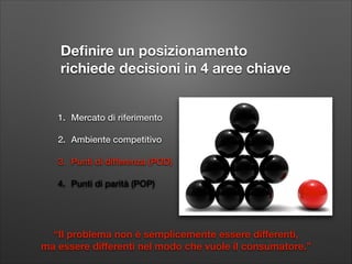Deﬁnire un posizionamento
richiede decisioni in 4 aree chiave
1. Mercato di riferimento
2. Ambiente competitivo
3. Punti di differenza (POD)
4. Punti di parità (POP)

“Il problema non è semplicemente essere diﬀerenti,  
ma essere diﬀerenti nel modo che vuole il consumatore.”

 