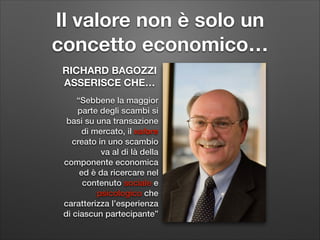 Il valore non è solo un
concetto economico…
RICHARD BAGOZZI
ASSERISCE CHE…
“Sebbene la maggior
parte degli scambi si
basi su una transazione
di mercato, il valore
creato in uno scambio
va al di là della
componente economica
ed è da ricercare nel
contenuto sociale e
psicologico che
caratterizza l’esperienza
di ciascun partecipante”

 